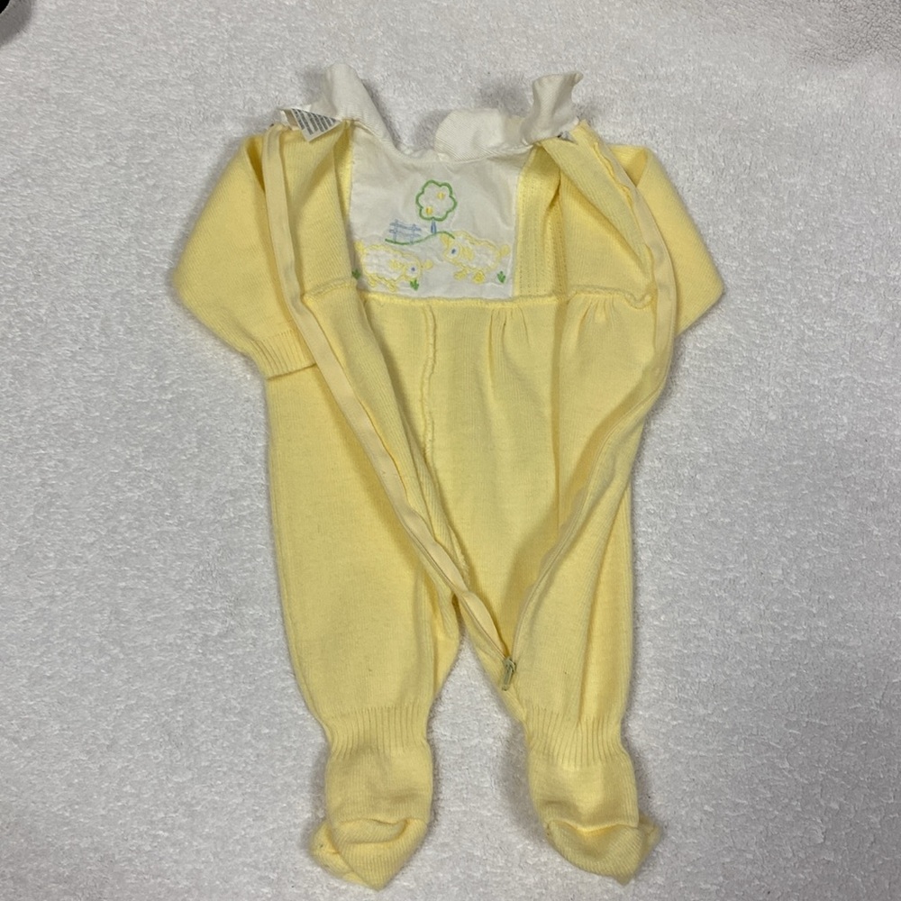Vintage friemanit knit Yellow Kids sheep One Piece footed unisex play suit 6m - Picture 6 of 9